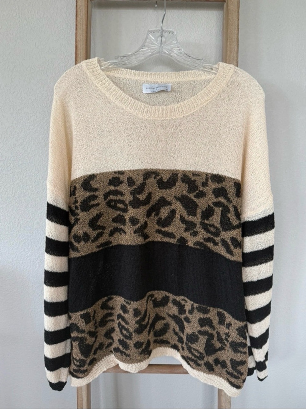 Pink Lily Cozy Leopard-Stripe Colorblock Sweater - Cream, Black & Brown